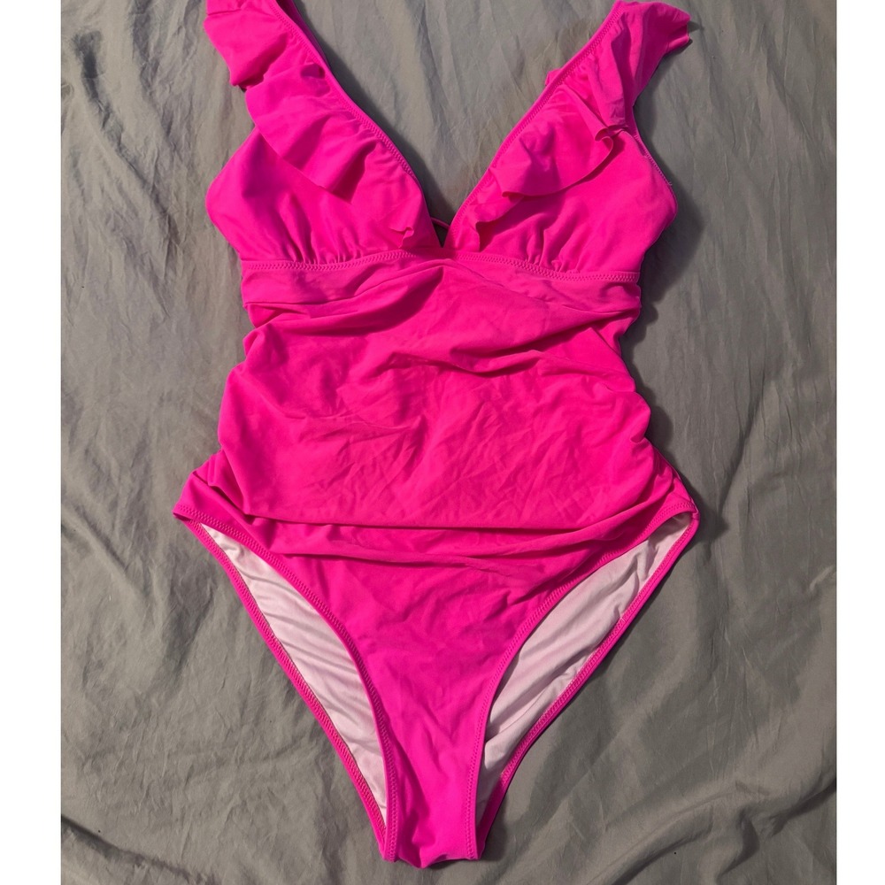 Bellecarrie Hot Pink Ruffle V-Neck Lace Up Back One Piece Swimsuit Size L